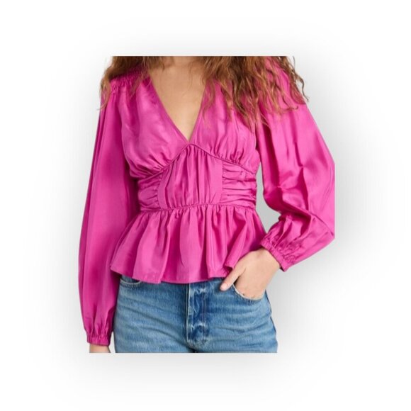 Sea New York Fabiola Silk Habotai Blouse Ruched Smocked Detailing Magenta 10 - Picture 2 of 15
